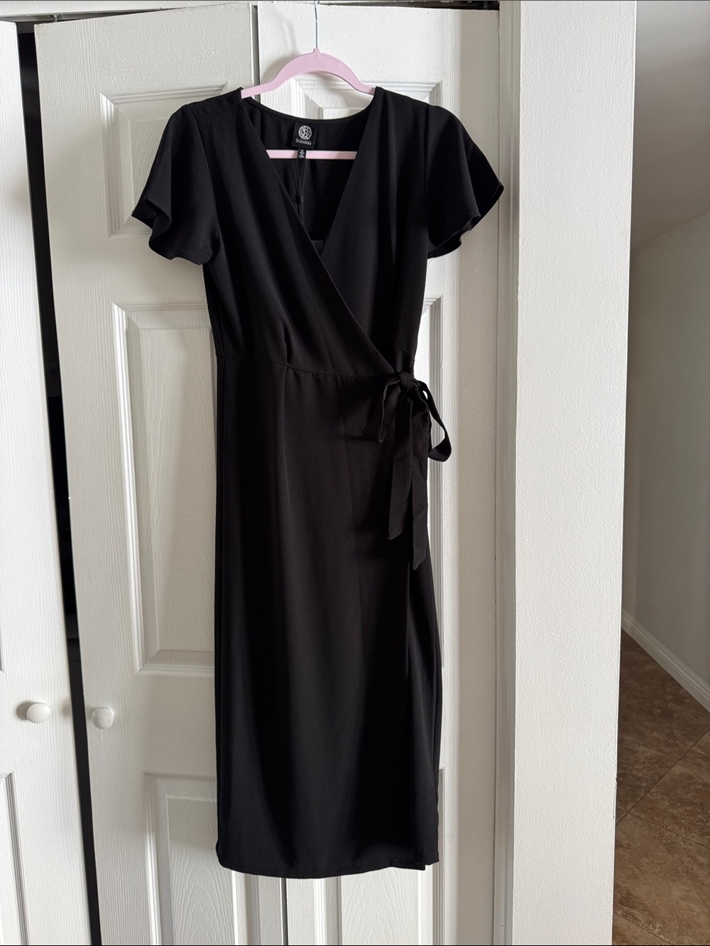 bobeau Black Wrap Midi Dress with Flutter Sleeves side xs